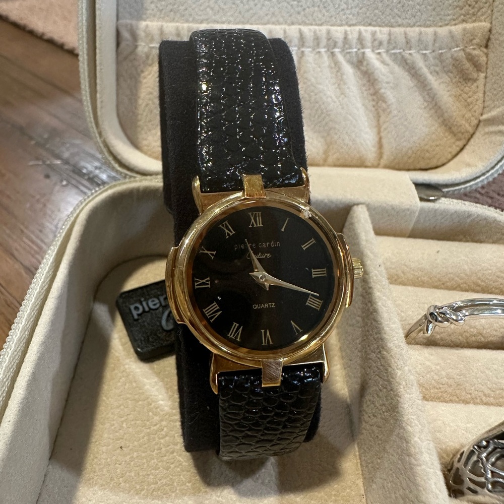 NWT Vintage Pierre Cardin Couture Womens Watch Black Gold NOS